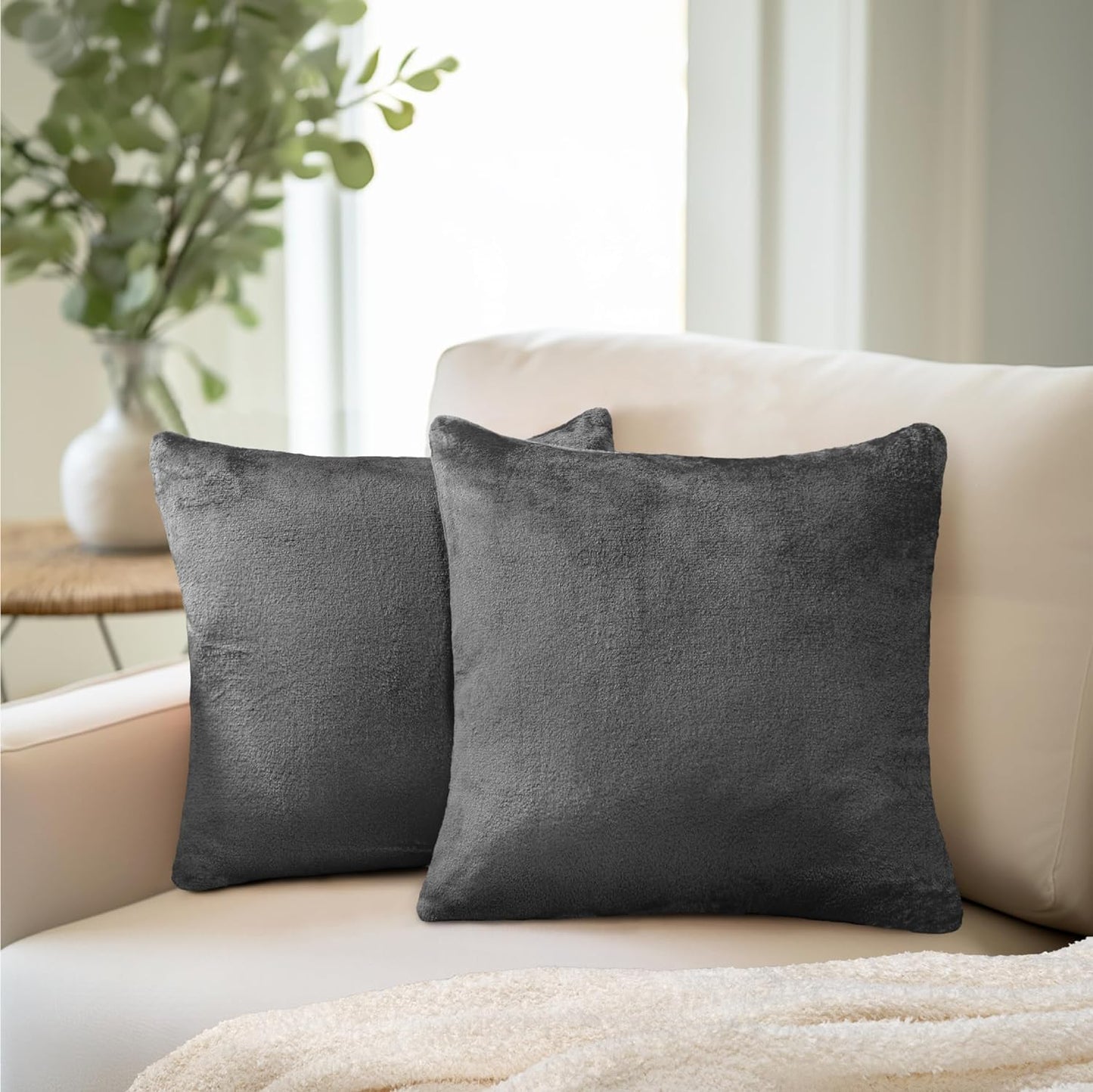 Decorative Throw Pillow Covers, Set of 2, 18X18, Solid Dark Gray | Square Pillow Case for Sofa Couch Bed Bedroom Living Room | Fleece Velvet Plush Soft Decor Accent Zipper Euro Cushion Cover
