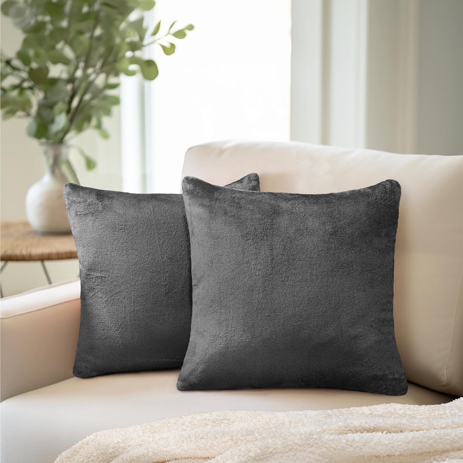 Decorative Throw Pillow Covers, Set of 2, 18X18, Solid Dark Gray | Square Pillow Case for Sofa Couch Bed Bedroom Living Room | Fleece Velvet Plush Soft Decor Accent Zipper Euro Cushion Cover
