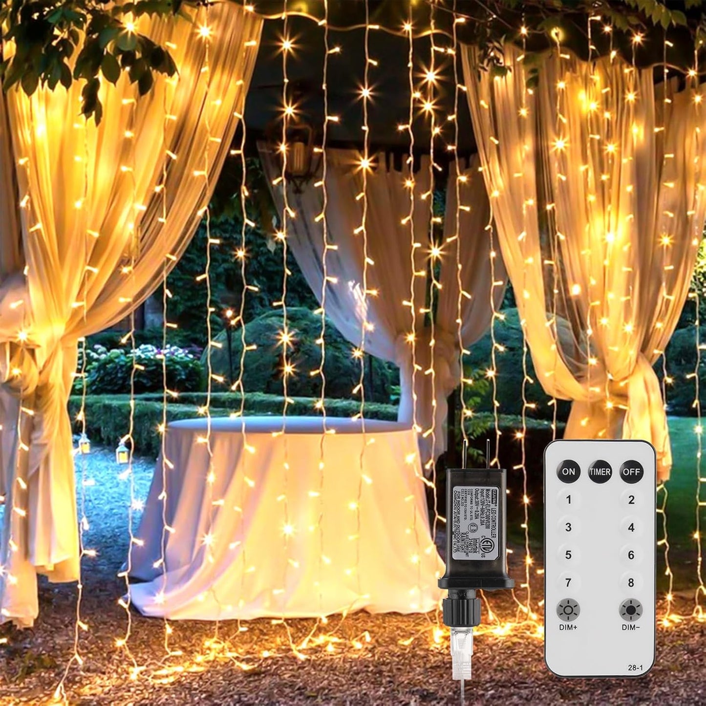Hanging Window Curtain Lights 9.8 Feet Dimmable and Connectable with 300 Led, Remote, 8 Lighting Modes, Timer for Bedroom Wall Party Indoor Outdoor Decor, Warm White (Curtain Is Not Included)