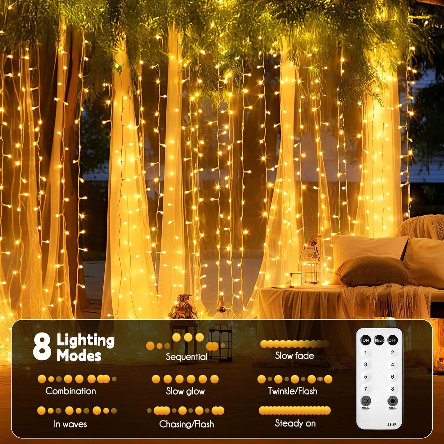 Hanging Window Curtain Lights 9.8 Feet Dimmable and Connectable with 300 Led, Remote, 8 Lighting Modes, Timer for Bedroom Wall Party Indoor Outdoor Decor, Warm White (Curtain Is Not Included)