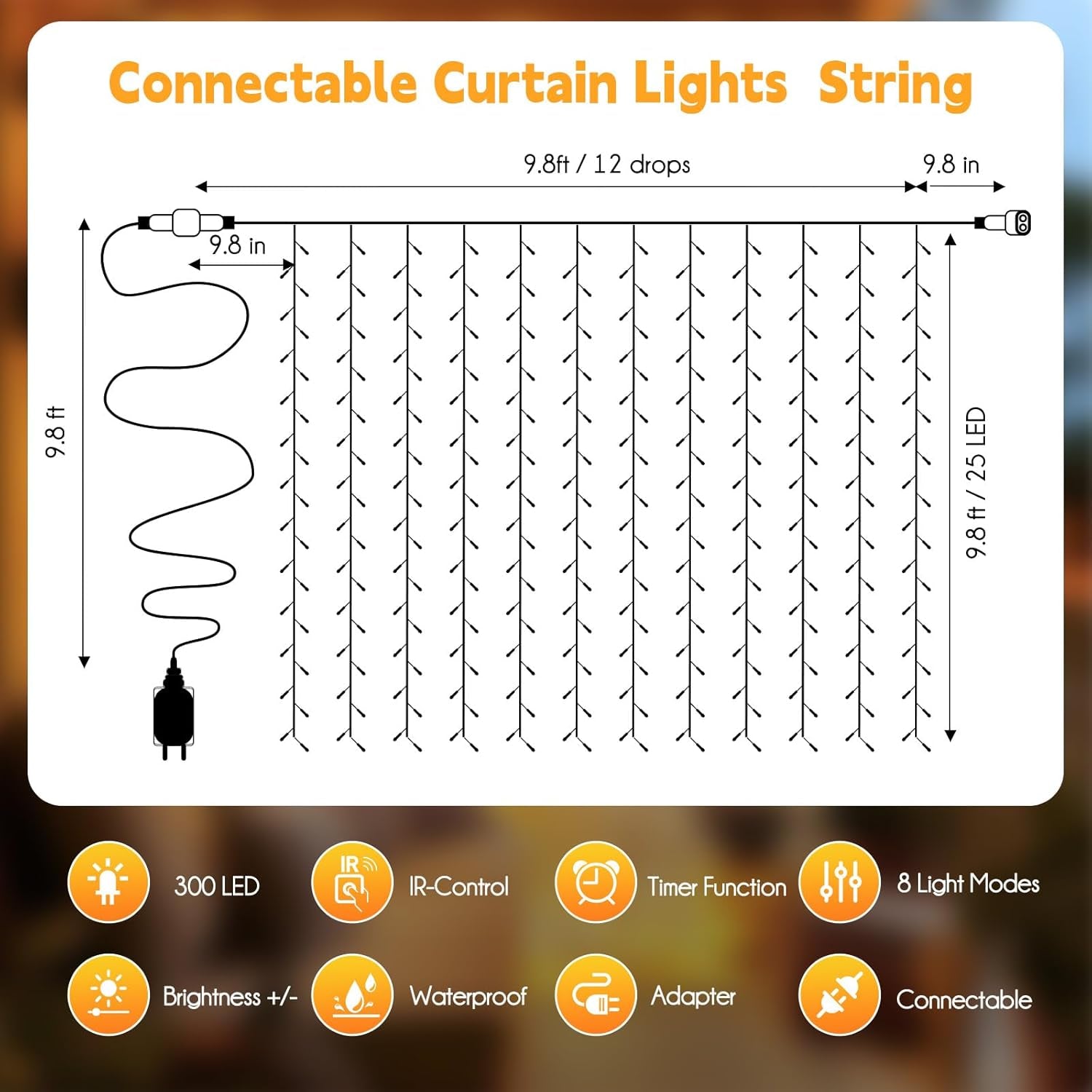 Hanging Window Curtain Lights 9.8 Feet Dimmable and Connectable with 300 Led, Remote, 8 Lighting Modes, Timer for Bedroom Wall Party Indoor Outdoor Decor, Warm White (Curtain Is Not Included)